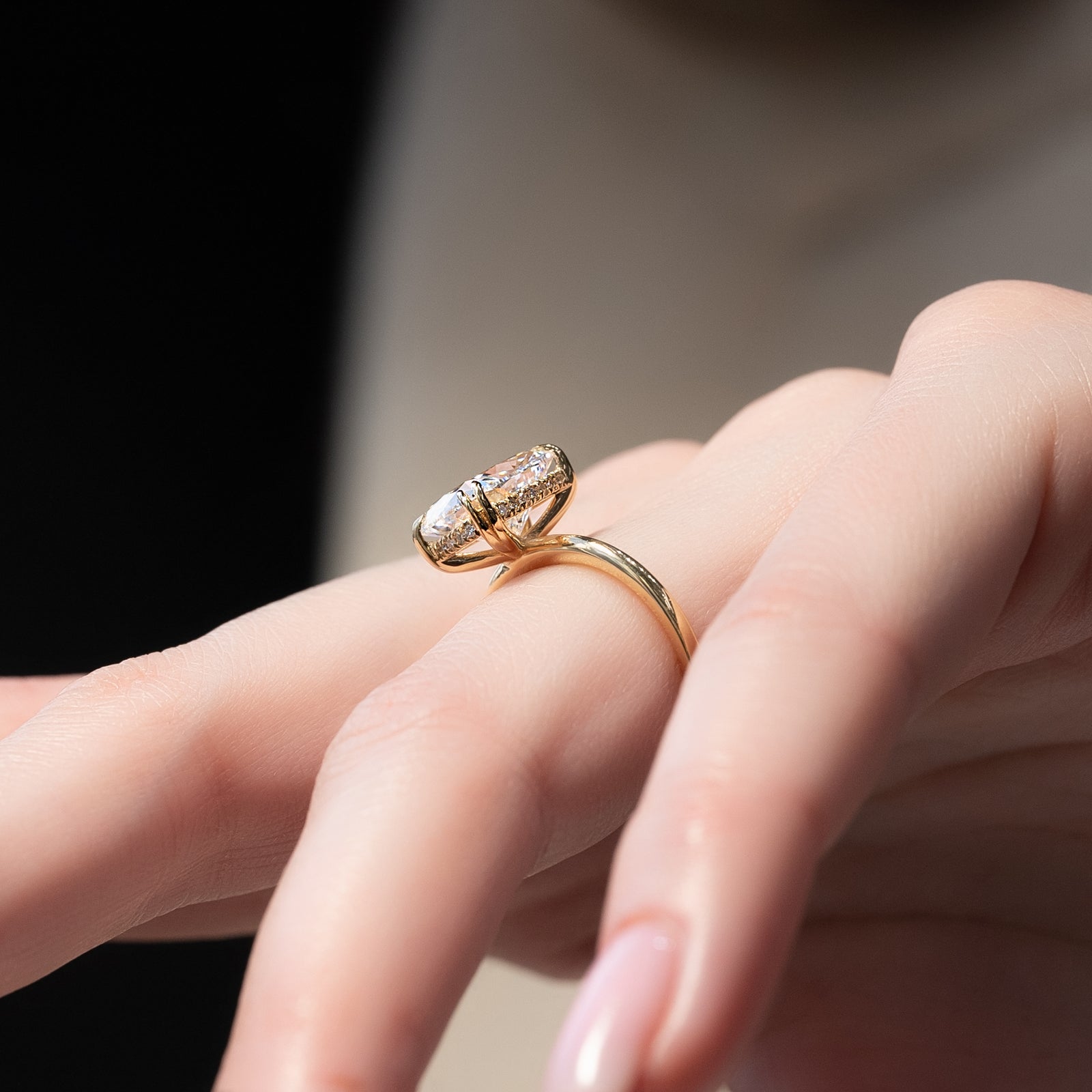 The Kamellie Set With A 2 Carat Elongated Cushion Lab Diamond