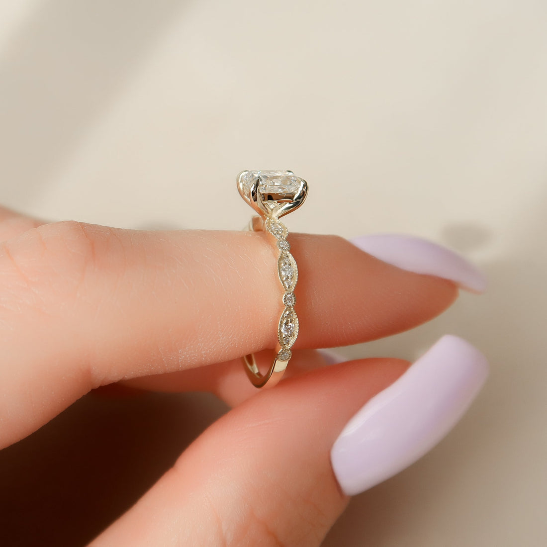 The Jasmine Set With A 2 Carat Elongated Cushion Lab Diamond