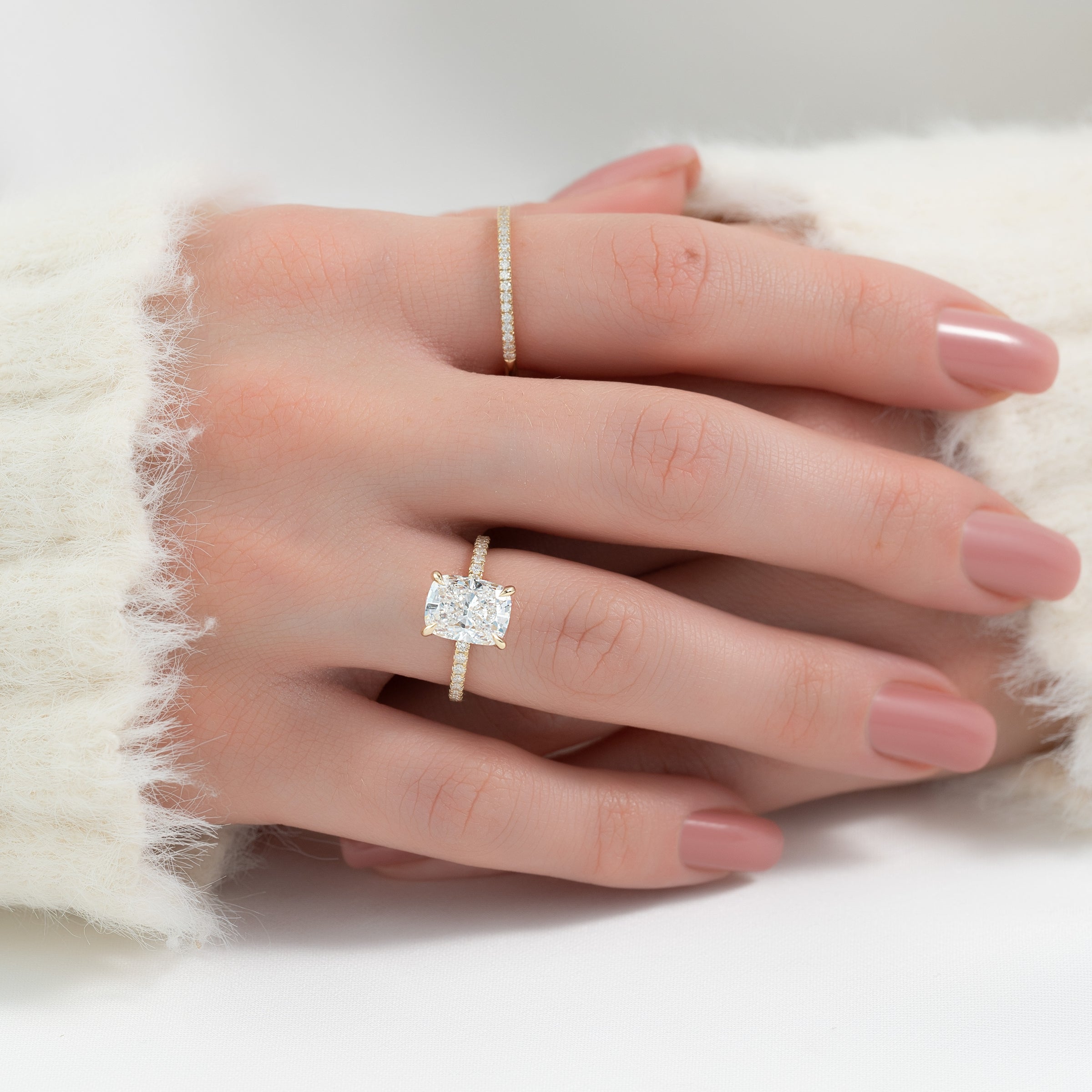 The Pave Nelly Set With A 2 Carat Elongated Cushion Lab Diamond