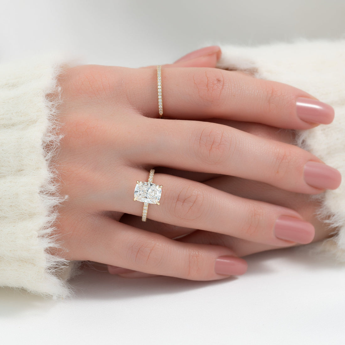 The Pave Nelly Set With A 2 Carat Elongated Cushion Lab Diamond