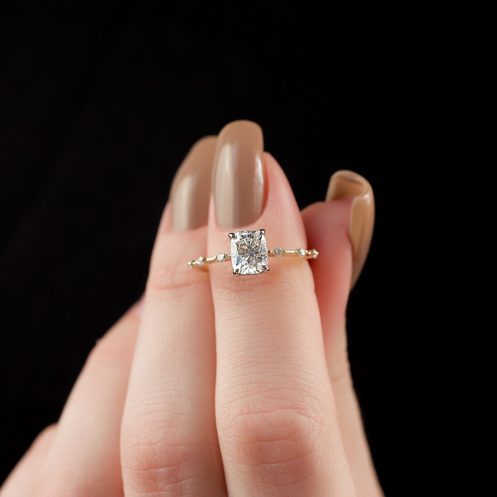 The Hidden Halo Penelope Set With A 2 Carat Elongated Cushion Lab Diamond