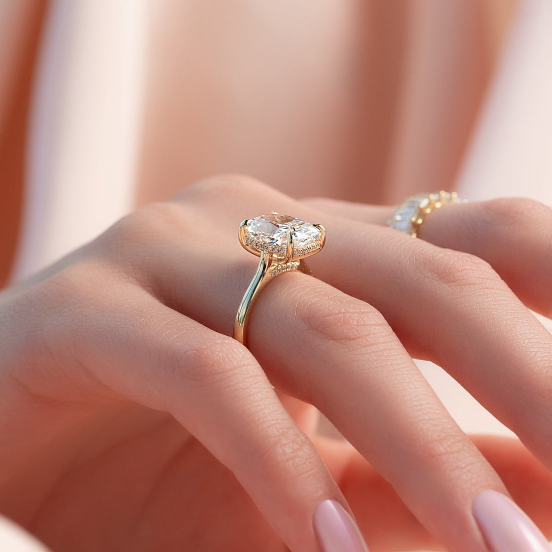 The Natalie Set With A 2 Carat Elongated Cushion Lab Diamond