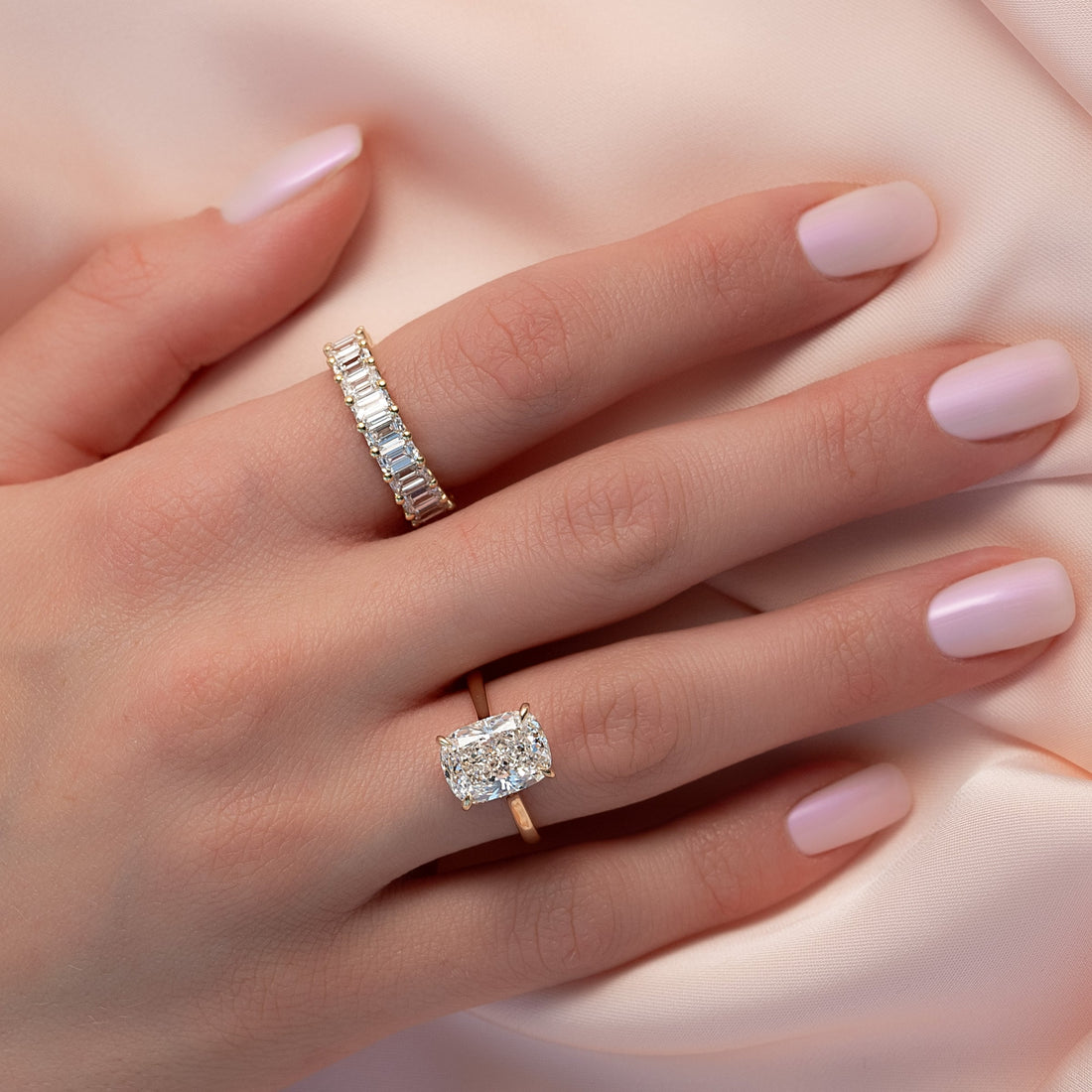 The Natalie Set With A 2 Carat Elongated Cushion Lab Diamond