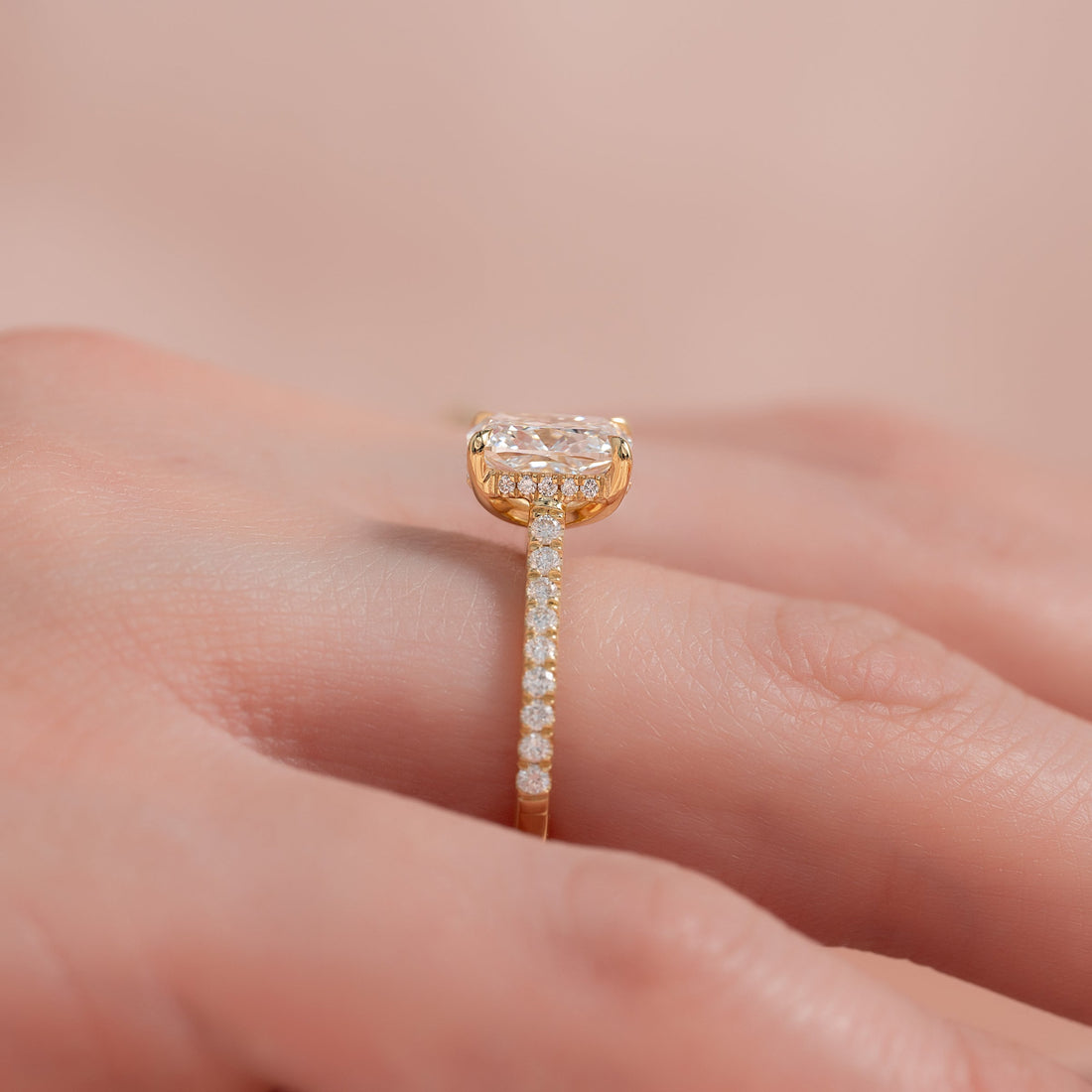 The Pave Natalie Set With A 2 Carat Elongated Cushion Lab Diamond