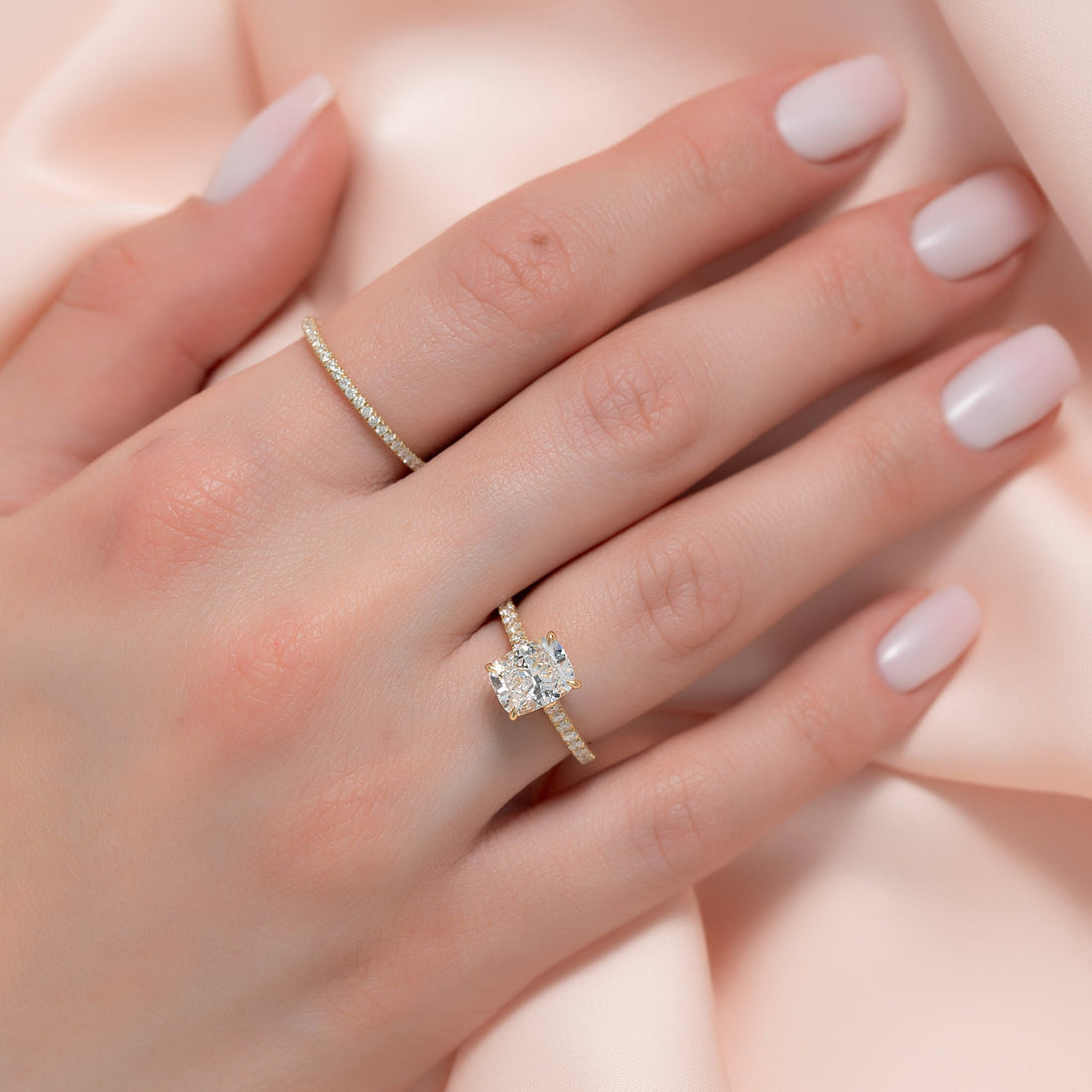 The Pave Natalie Set With A 2 Carat Elongated Cushion Lab Diamond