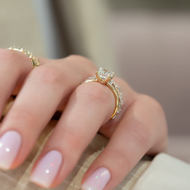 The Ashley Set With A 2 Carat Elongated Cushion Lab Diamond