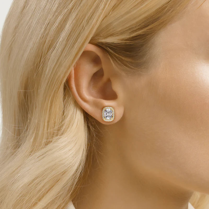 Halo Stud Earrings Set With Elongated Cushion Lab Diamonds