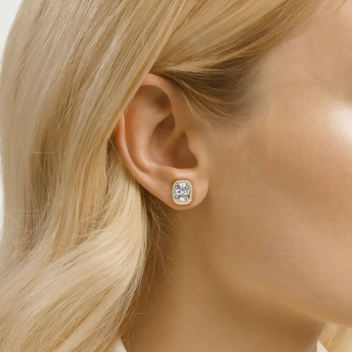 Halo Stud Earrings Set With Elongated Cushion Lab Diamonds