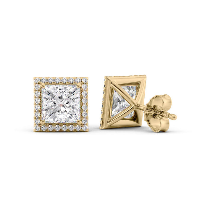 Halo Stud Earrings Set With Princess Lab Diamonds