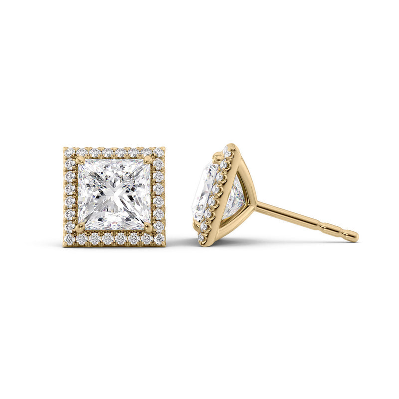 Halo Stud Earrings Set With Princess Lab Diamonds