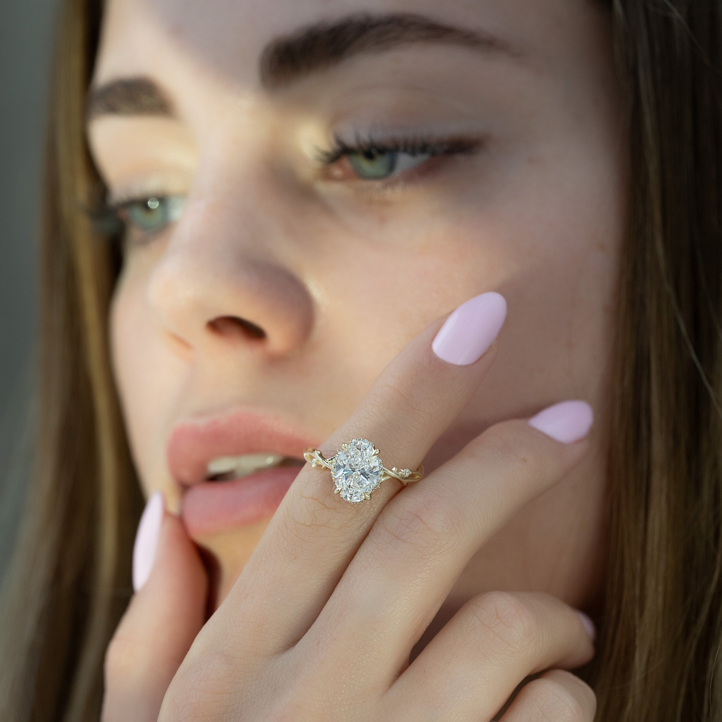 The Halo Twig Set With A 2 Carat Oval Lab Diamond