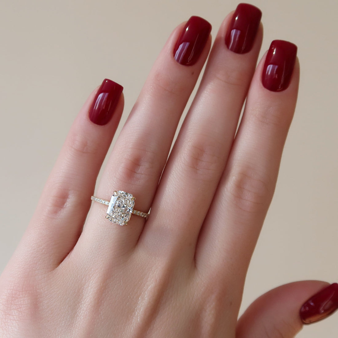 The Pave Sarah Set With A 2 Carat Radiant Lab Diamond