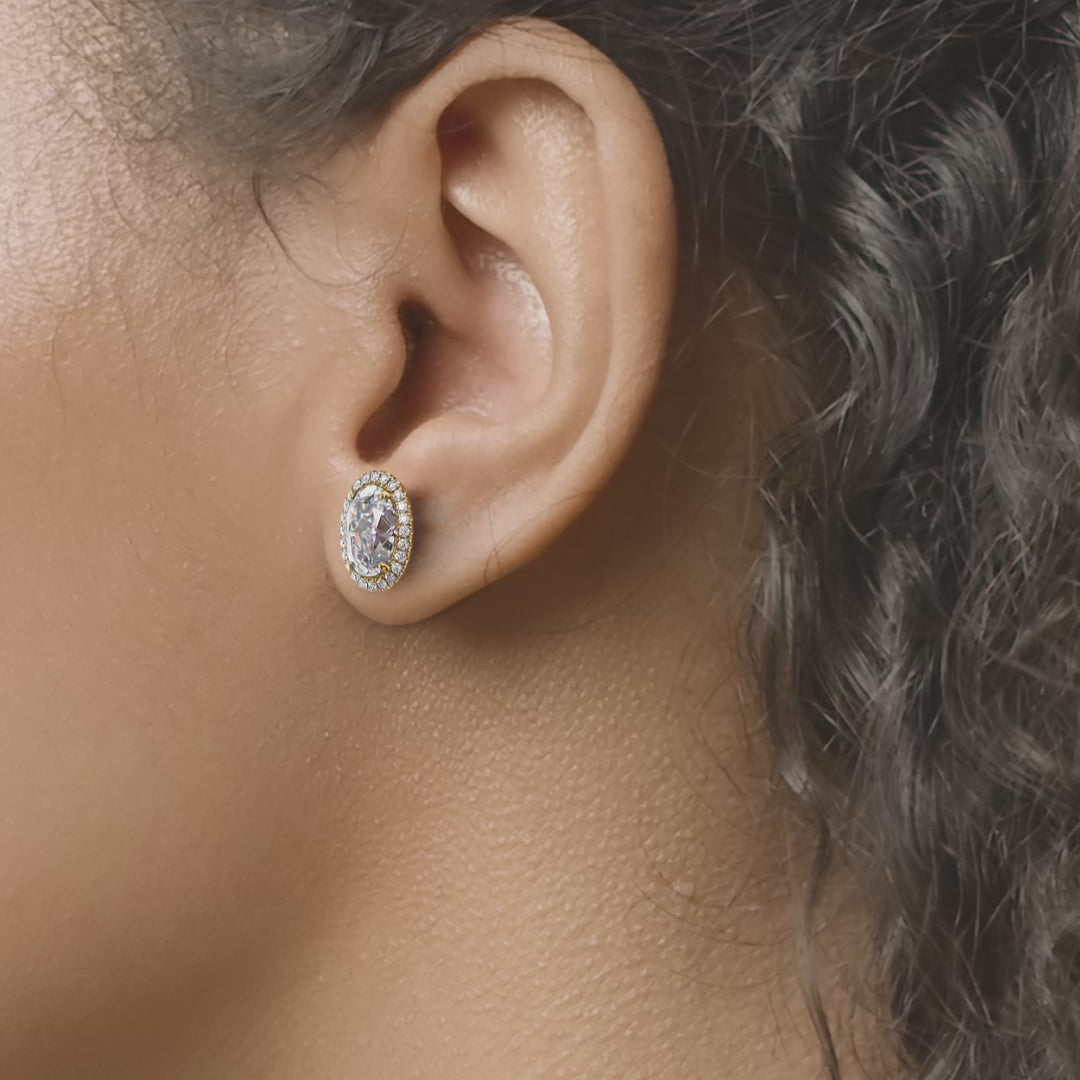 Halo Stud Earrings Set With Oval Lab Diamonds
